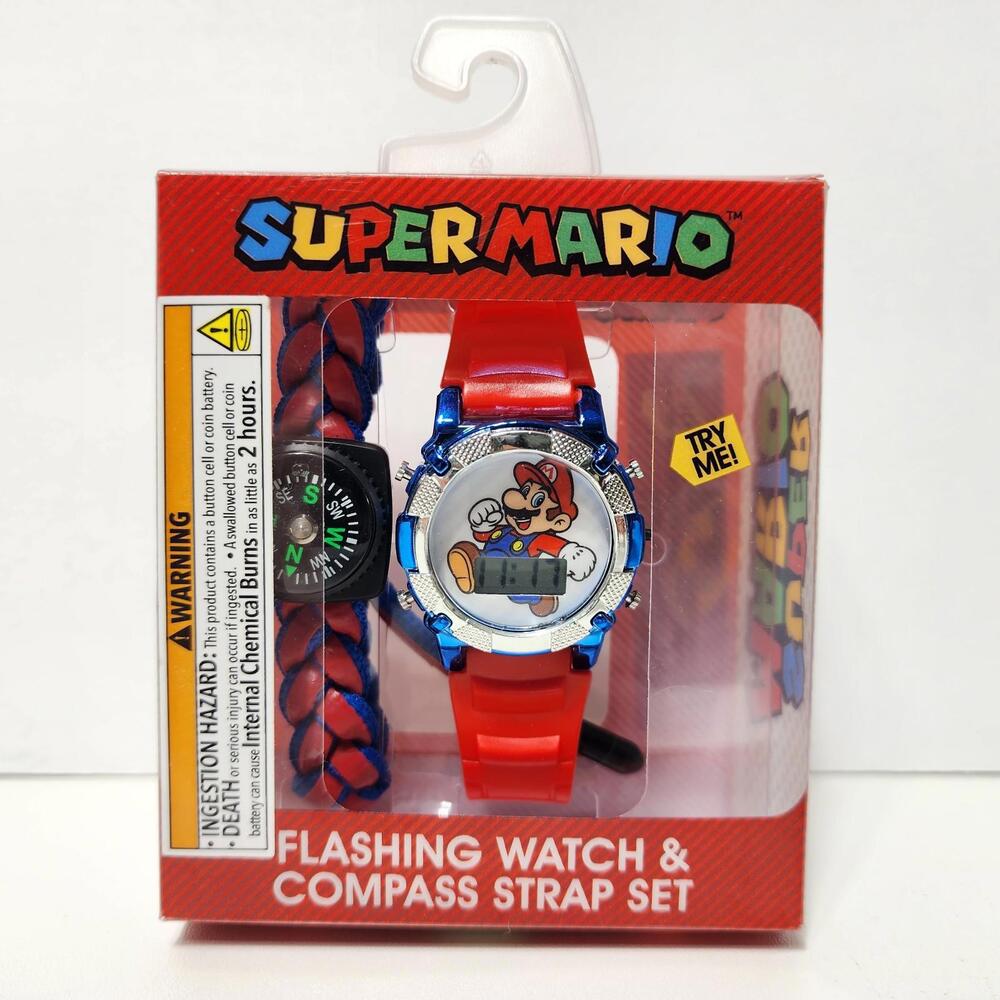 Super Mario Flashing Watch with Matching Woven Compass Set - 2 Piece Kids Gift